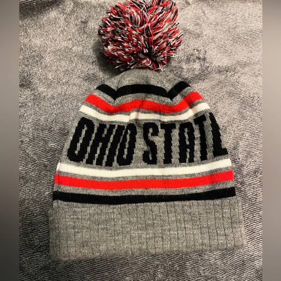 Ohio State Buckeyes Adult Knit Gray w/ Red, Black, & White Stripe Pom Beanie Hat - Picture 2 of 2